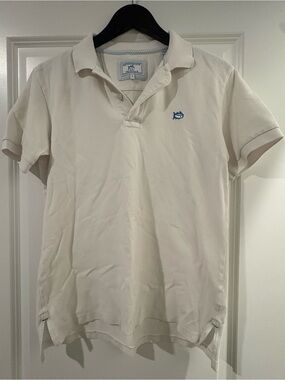 Southern Tide Cream Polo with Blue Fish Logo